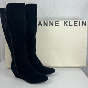 Anne Klein Alanna Women's Black Suede Knee High Wedge Boots 6M EUC